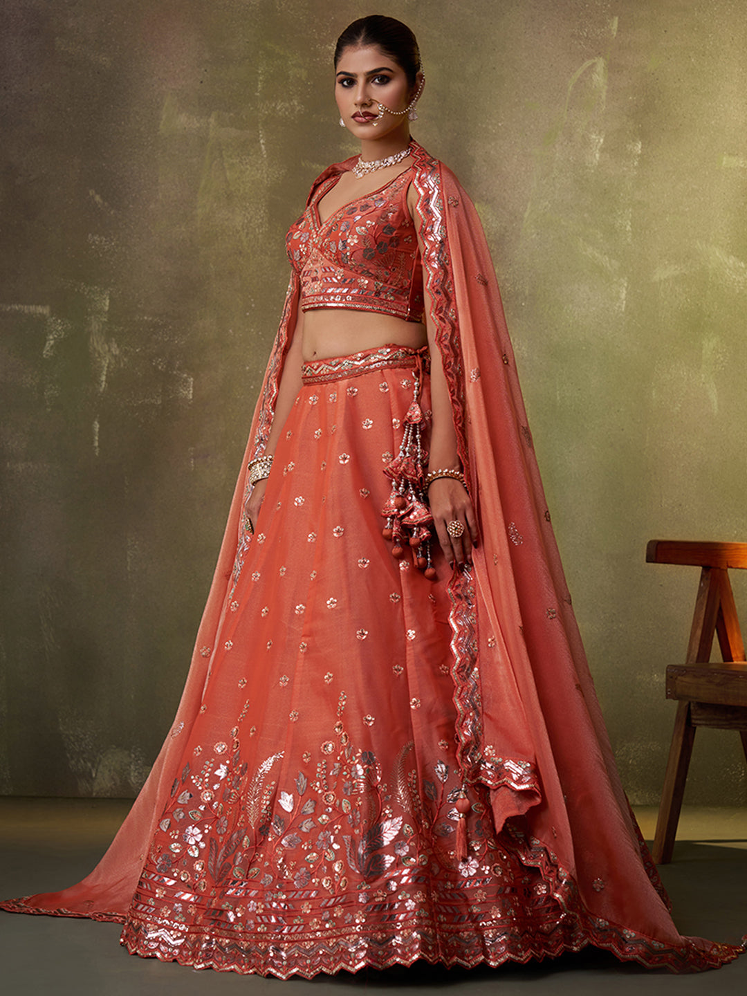 Amazing pink organza Fabric Sequins thread Lehenga 6287