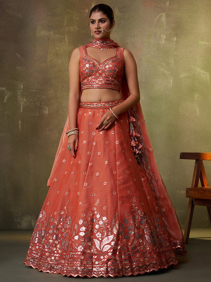 Amazing pink organza Fabric Sequins thread Lehenga 6287