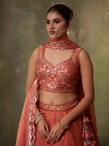Amazing pink organza Fabric Sequins thread Lehenga 6287