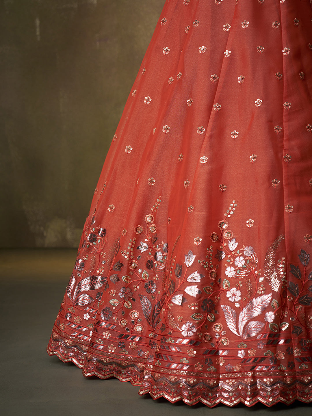 Amazing pink organza Fabric Sequins thread Lehenga 6287