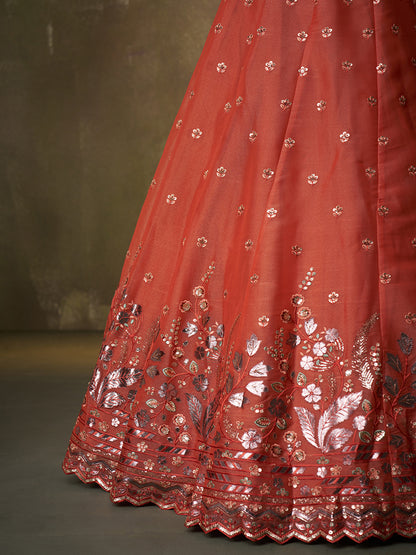 Amazing pink organza Fabric Sequins thread Lehenga 6287