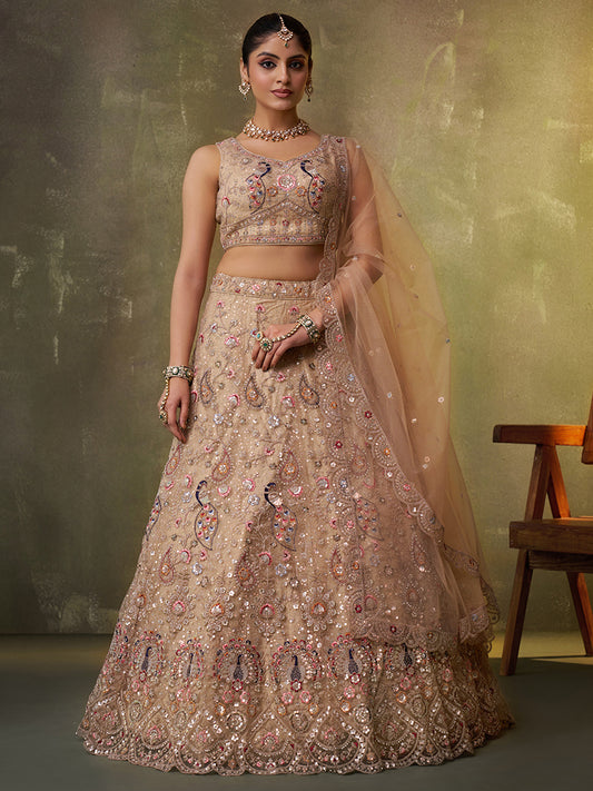 Designer Beige golden Net Fabric Sequins Lehenga 6271