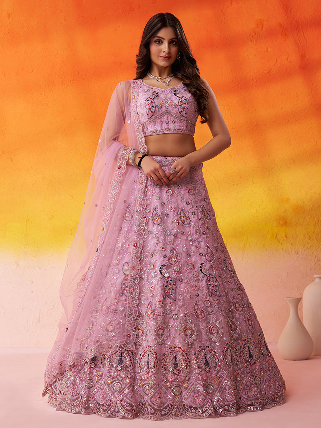 Eye Catching pink Net Fabric Sequins Lehenga 6271
