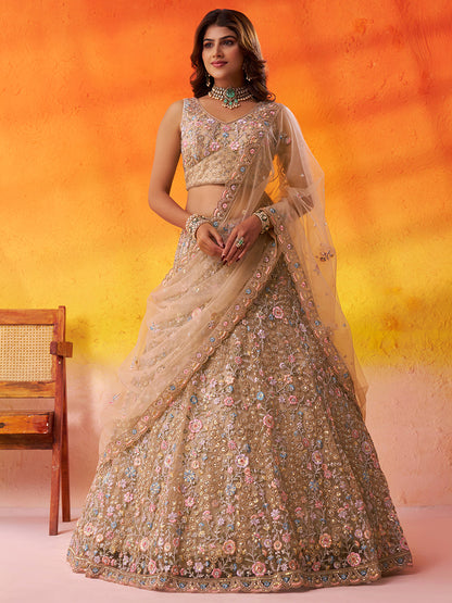 Lavishing Beige Net Fabric Sequins Lehenga 6270