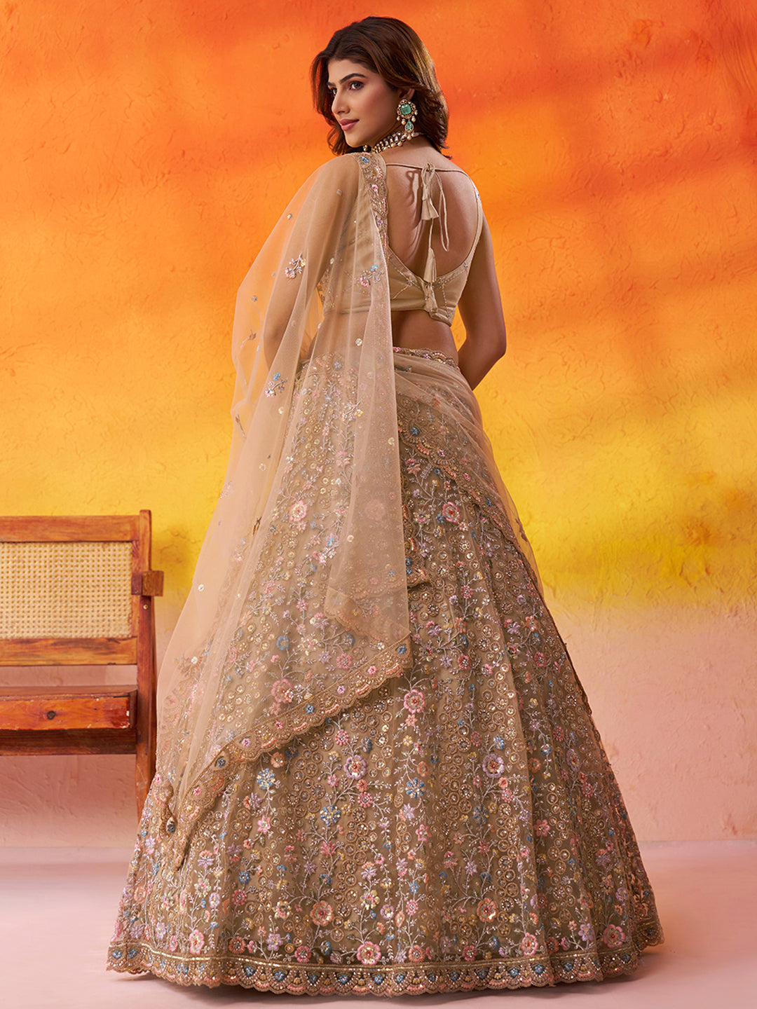 Lavishing Beige Net Fabric Sequins Lehenga 6270