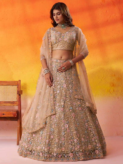 Lavishing Beige Net Fabric Sequins Lehenga 6270