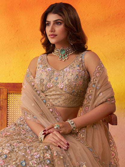 Lavishing Beige Net Fabric Sequins Lehenga 6270
