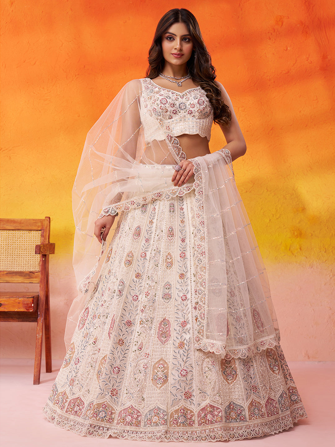 Lovely Cream Net Fabric Sequins Lehenga 6249