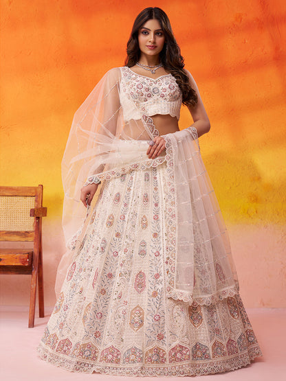 Lovely Cream Net Fabric Sequins Lehenga 6249