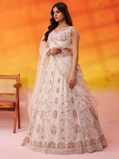Lovely Cream Net Fabric Sequins Lehenga 6249