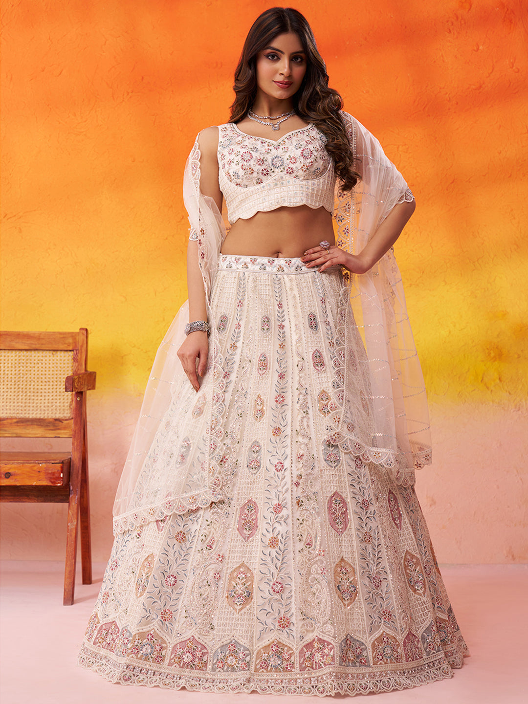 Lovely Cream Net Fabric Sequins Lehenga 6249