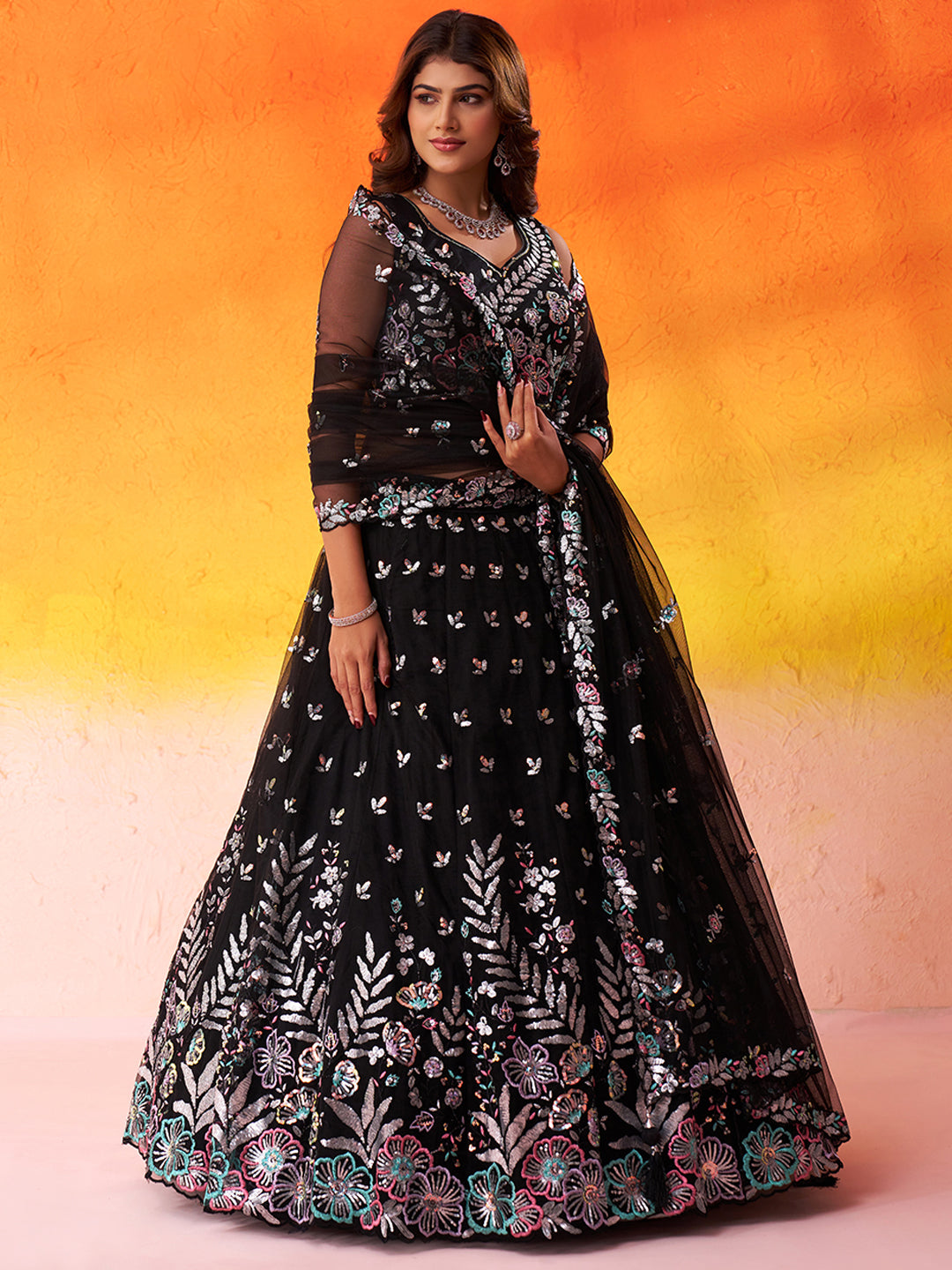Awesome Black Net Fabric Sequins thread Lehenga 6291
