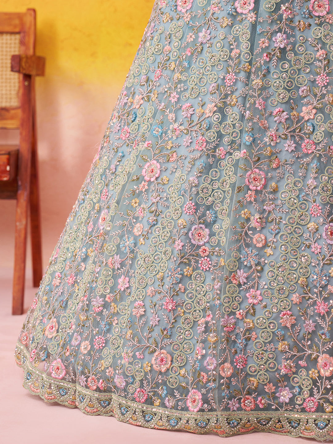 Lavishing Beige Net Fabric Sequins Lehenga 6270