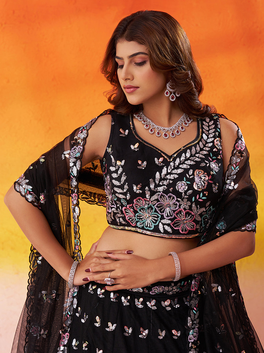 Awesome Black Net Fabric Sequins thread Lehenga 6291