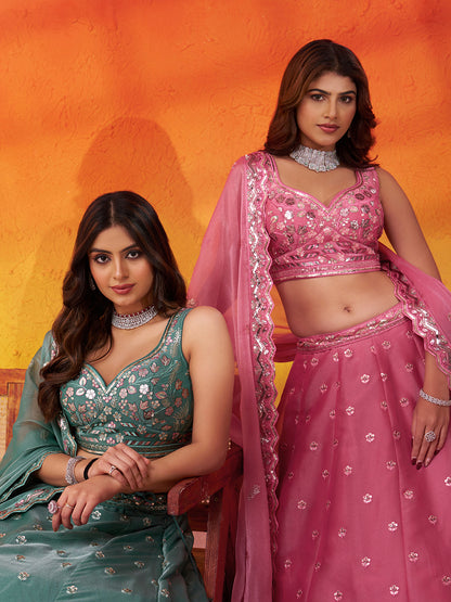 Amazing pink organza Fabric Sequins thread Lehenga 6287