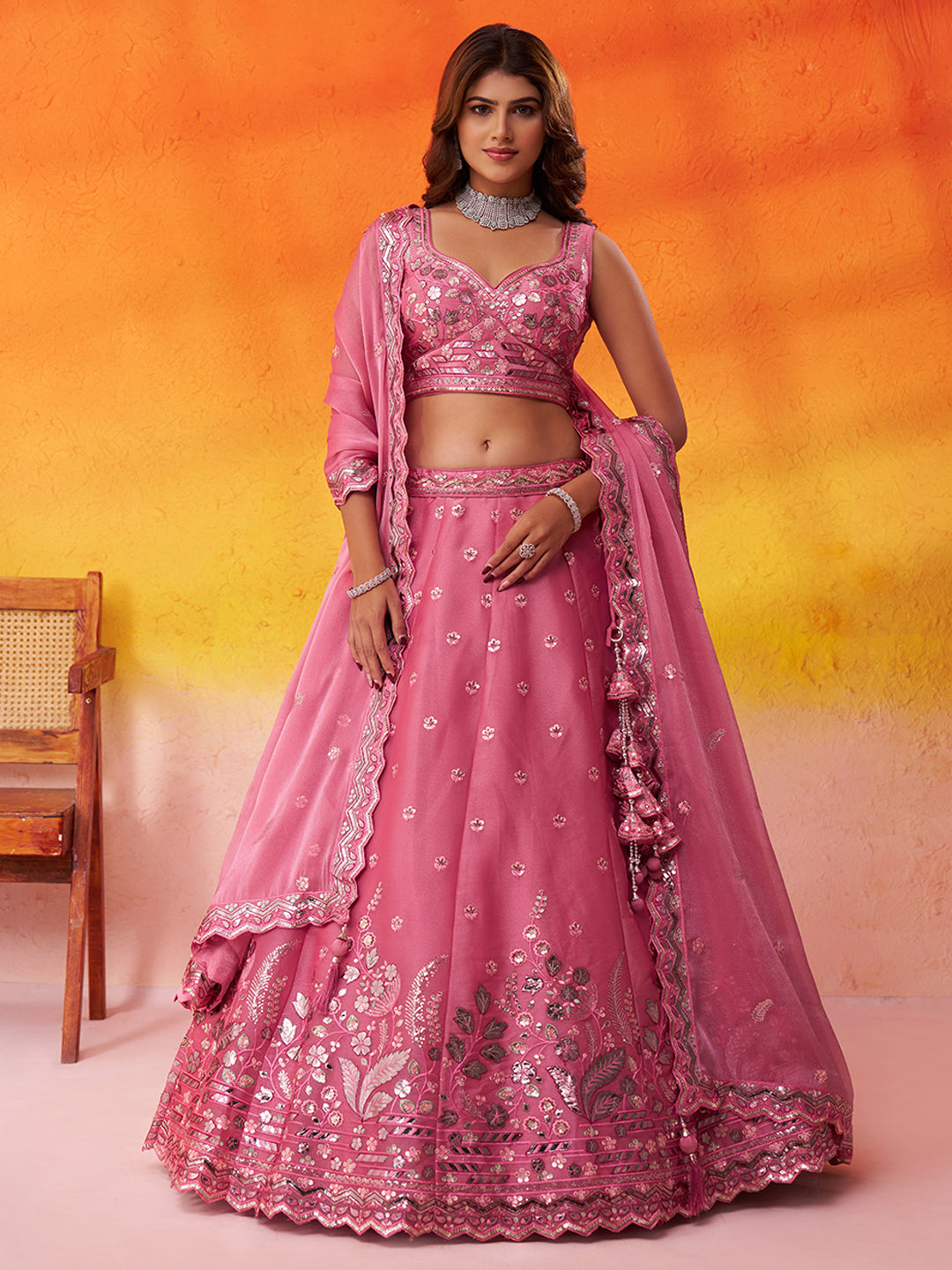 Amazing pink organza Fabric Sequins thread Lehenga 6287