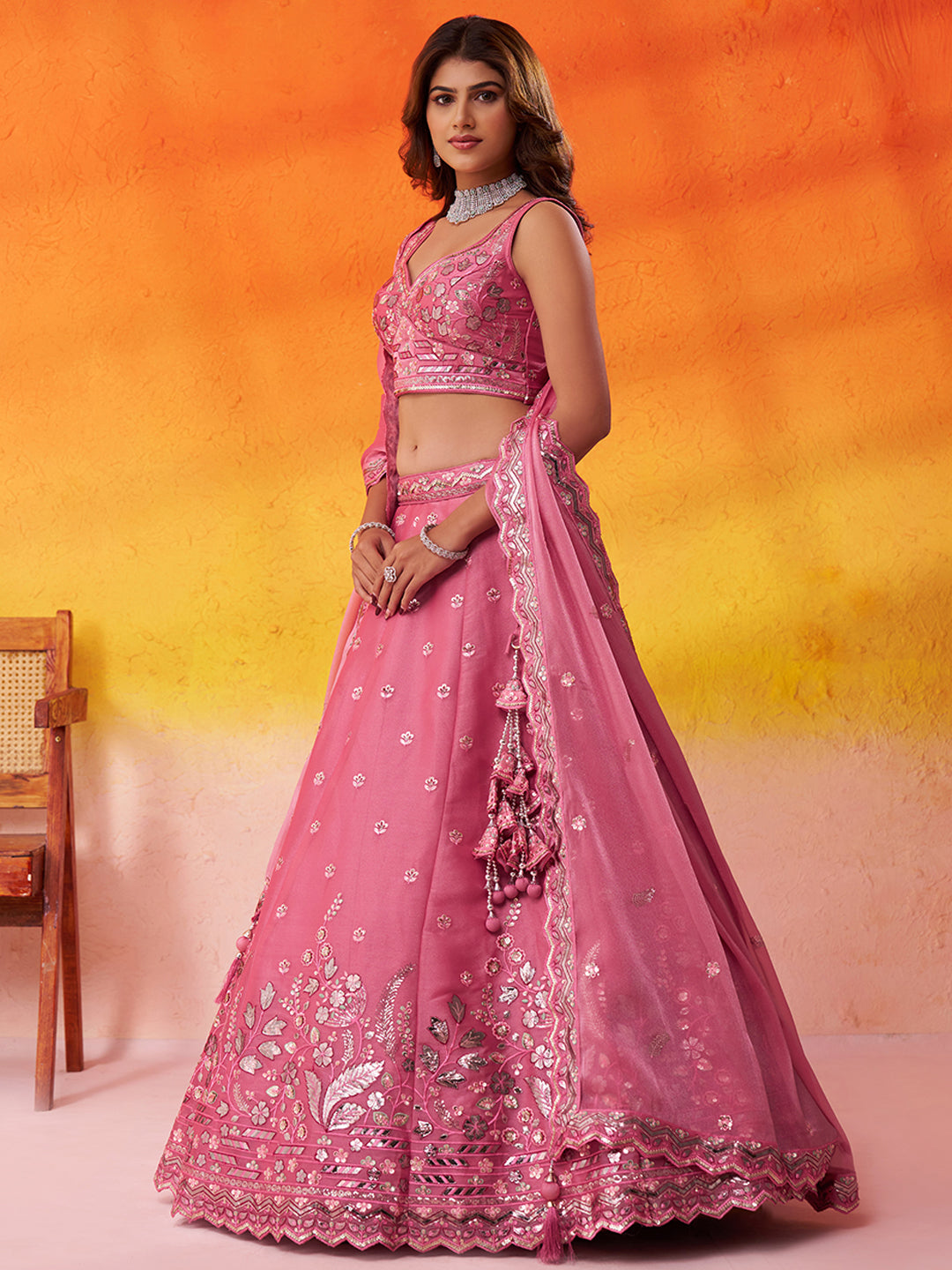 Amazing pink organza Fabric Sequins thread Lehenga 6287