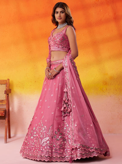 Amazing pink organza Fabric Sequins thread Lehenga 6287