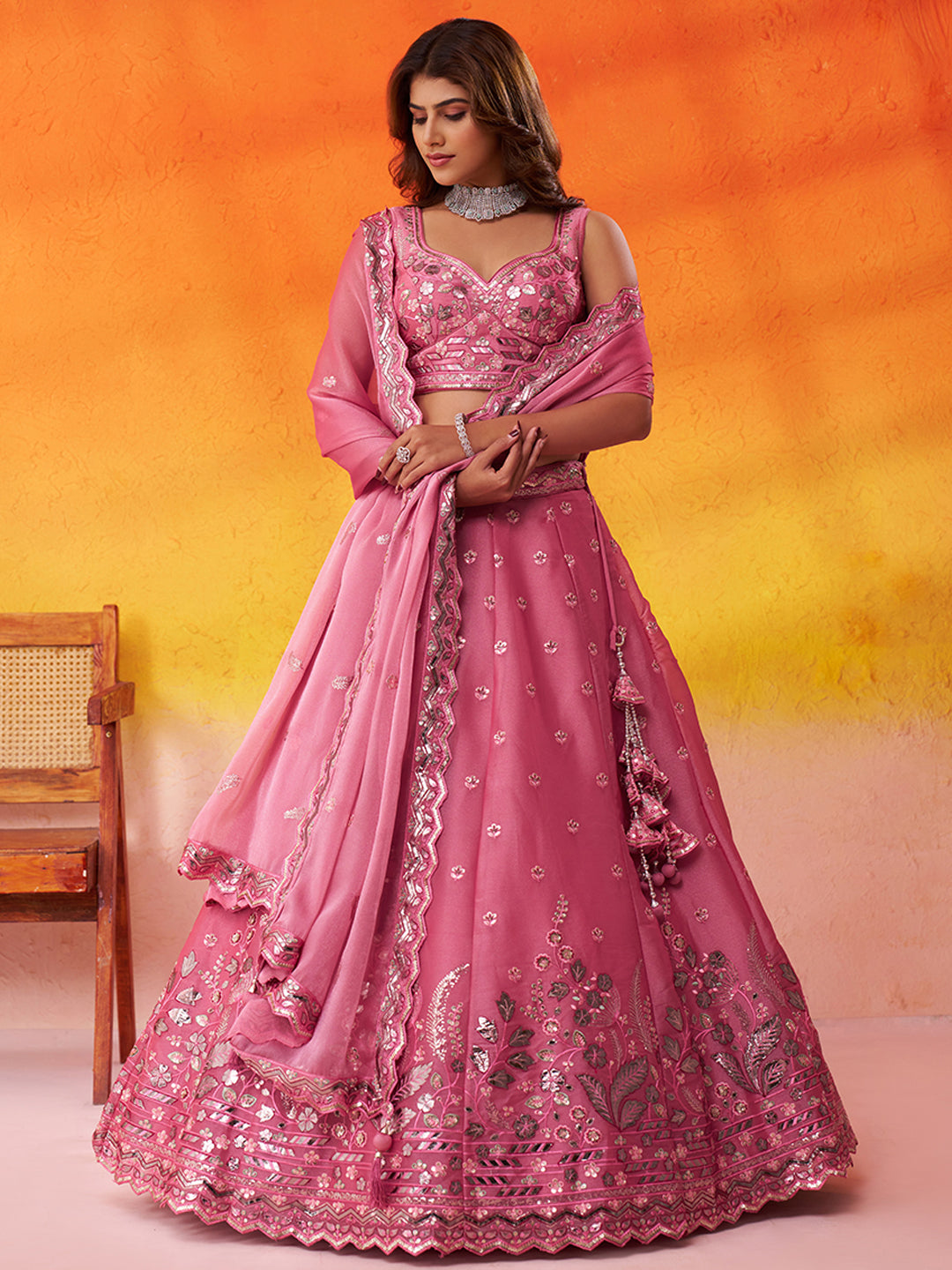 Amazing pink organza Fabric Sequins thread Lehenga 6287