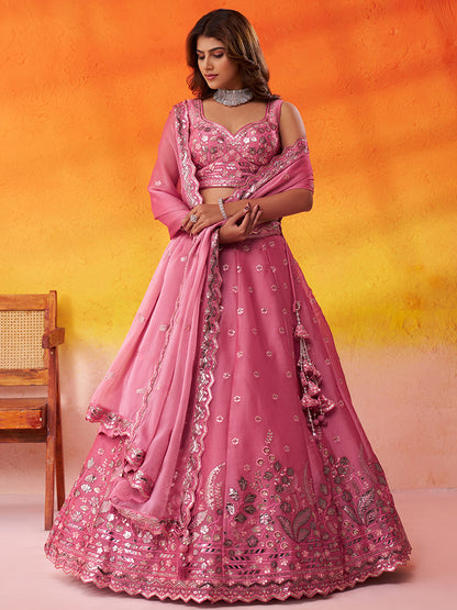 Amazing pink organza Fabric Sequins thread Lehenga 6287