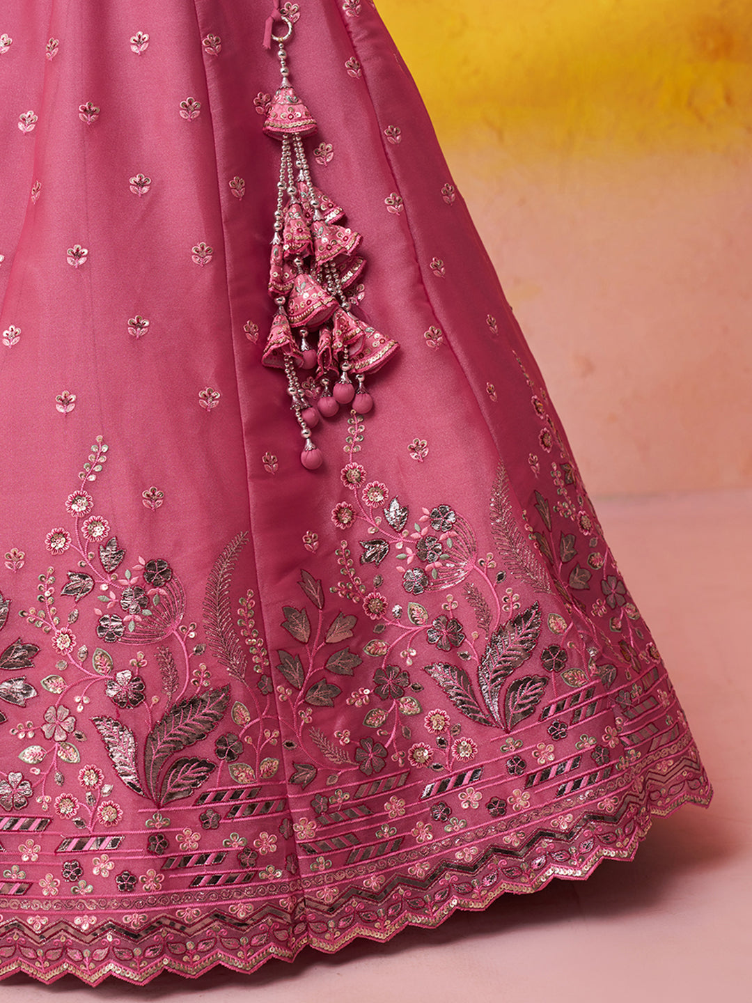 Amazing pink organza Fabric Sequins thread Lehenga 6287
