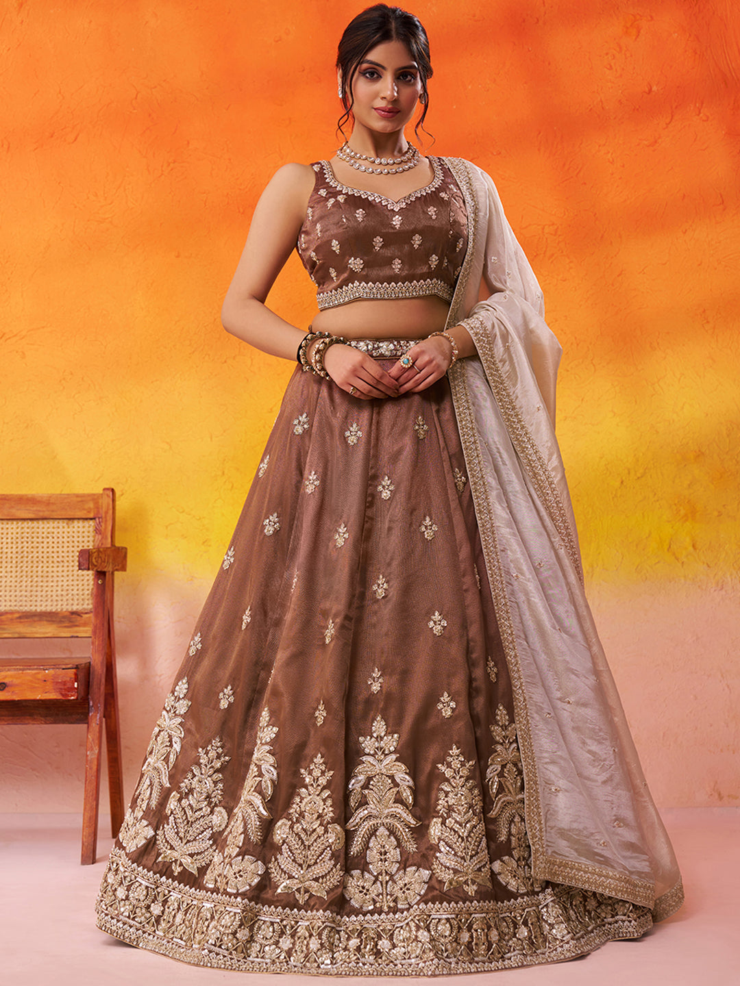 Awesome Brown Tissue Sequins Lehenga 6143
