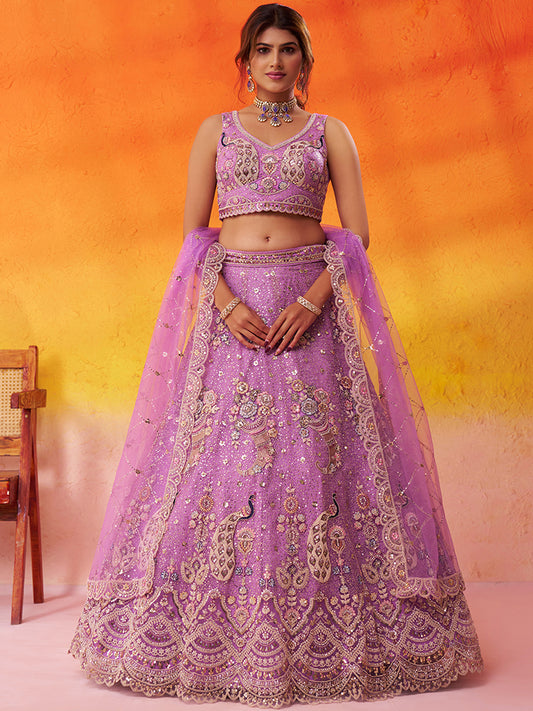 Designer Peacock Mauve Net Fabric Sequins Lehenga 6271