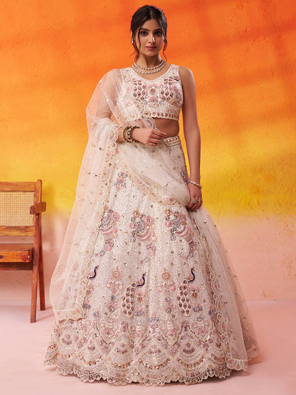 Tremendous Peacock Cream Net Fabric Sequins Lehenga 6246