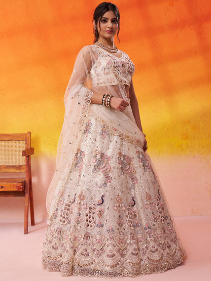 Tremendous Peacock Cream Net Fabric Sequins Lehenga 6246