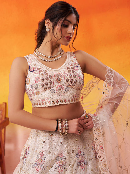 Tremendous Peacock Cream Net Fabric Sequins Lehenga 6246