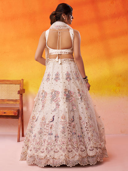 Tremendous Peacock Cream Net Fabric Sequins Lehenga 6246