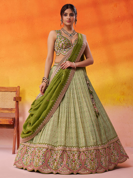 Good looking Lime green Jacquard Tissue Fabric Sequins Thread Lehenga 6231