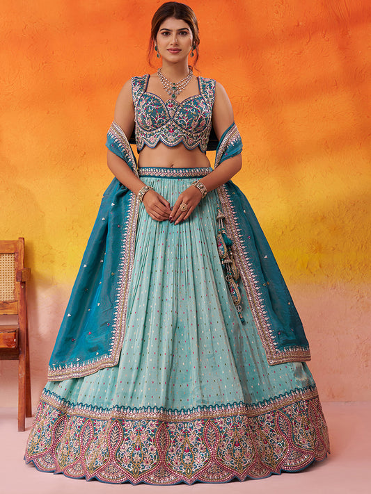Stunning Turquoise Blue Jacquard Tissue Fabric Sequins Thread Lehenga 6231
