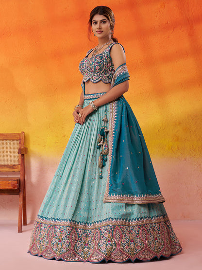 Stunning Turquoise Blue Jacquard Tissue Fabric Sequins Thread Lehenga 6231