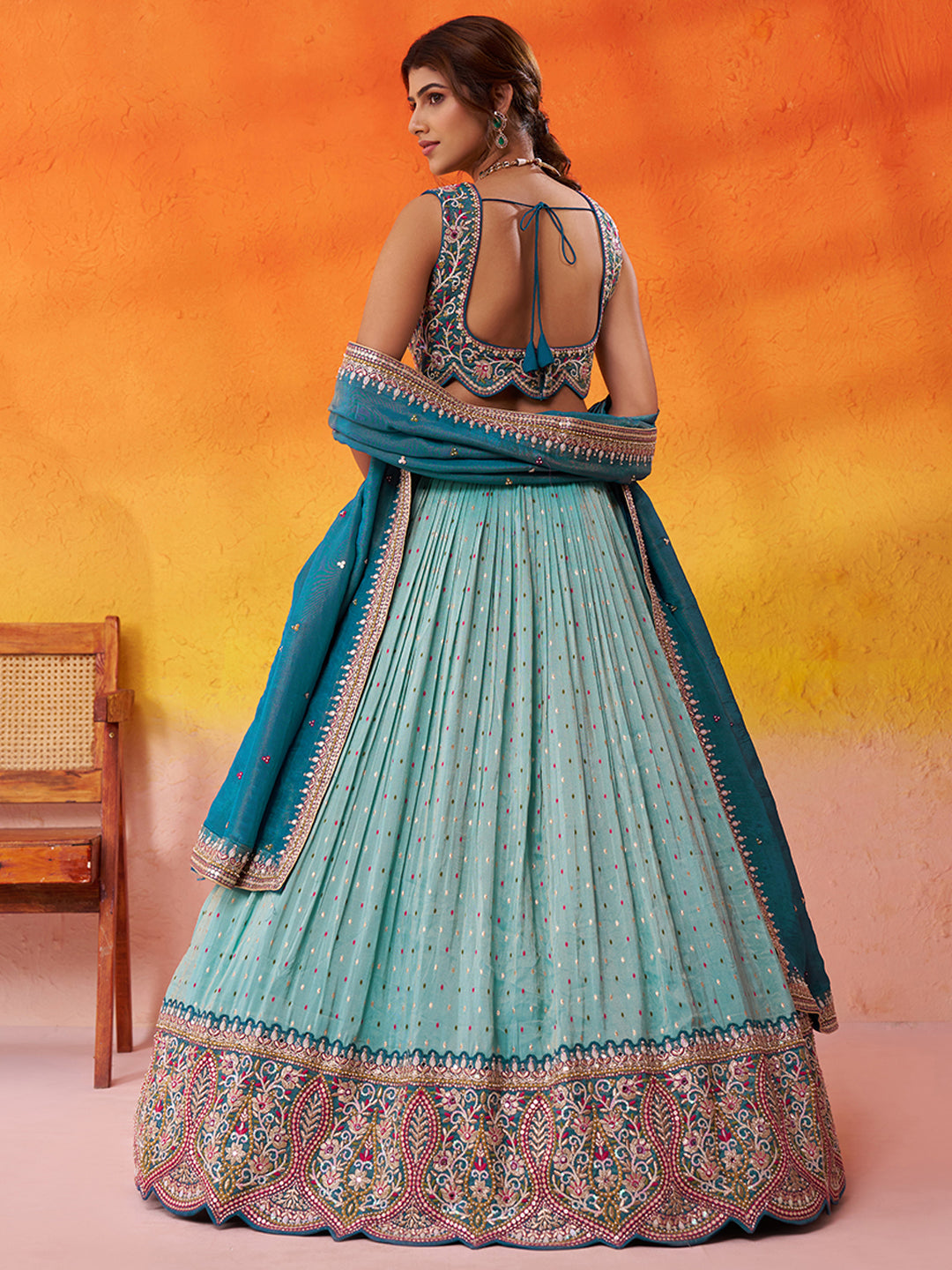 Stunning Turquoise Blue Jacquard Tissue Fabric Sequins Thread Lehenga 6231