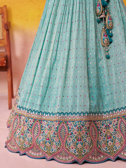 Stunning Turquoise Blue Jacquard Tissue Fabric Sequins Thread Lehenga 6231