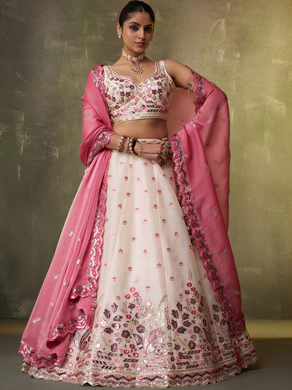 Amazing pink organza Fabric Sequins thread Lehenga 6287