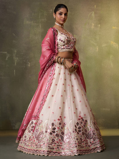 Amazing pink organza Fabric Sequins thread Lehenga 6287