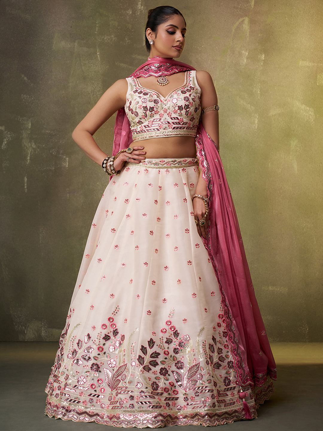Amazing pink organza Fabric Sequins thread Lehenga 6287