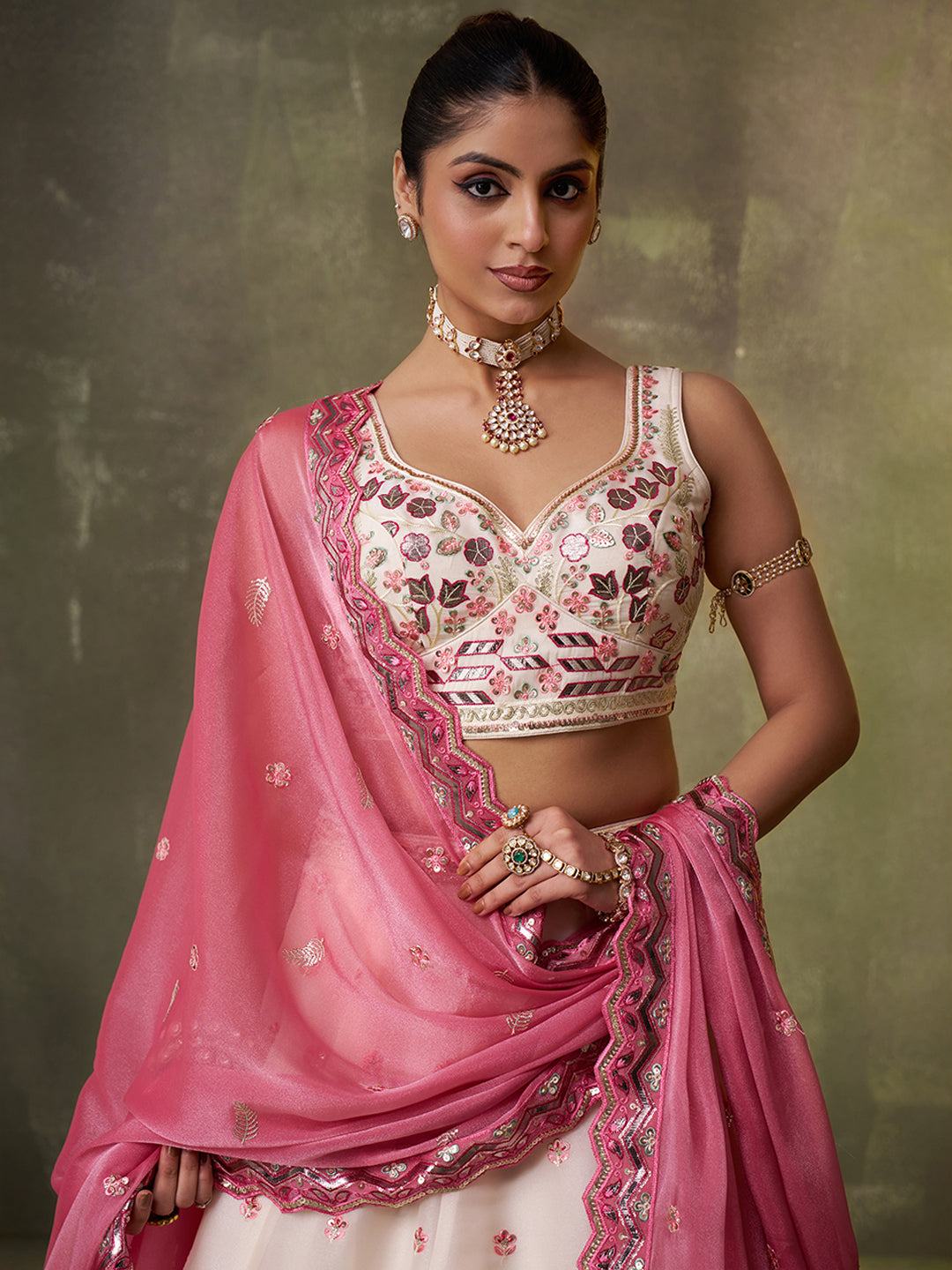 Amazing pink organza Fabric Sequins thread Lehenga 6287