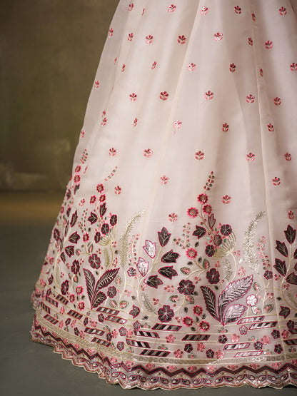 Amazing pink organza Fabric Sequins thread Lehenga 6287