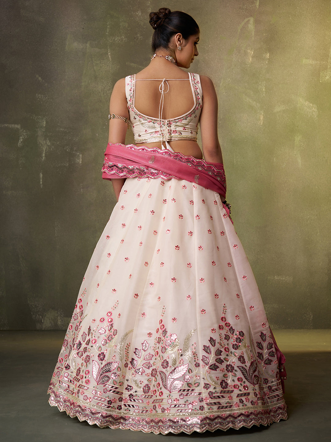 Amazing pink organza Fabric Sequins thread Lehenga 6287
