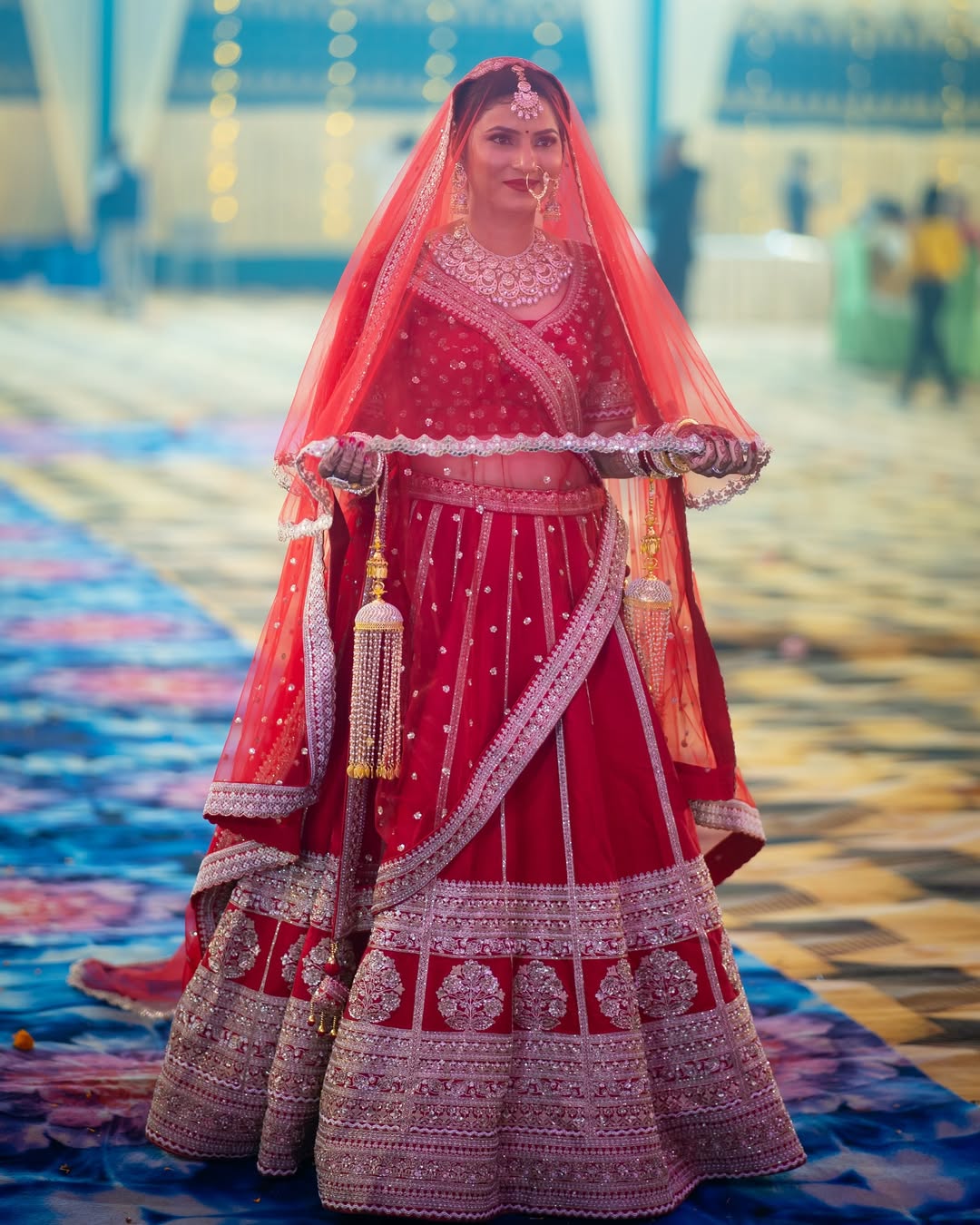 Pleasing handwork Sabyasachi silk red rani pink bridal Lehenga