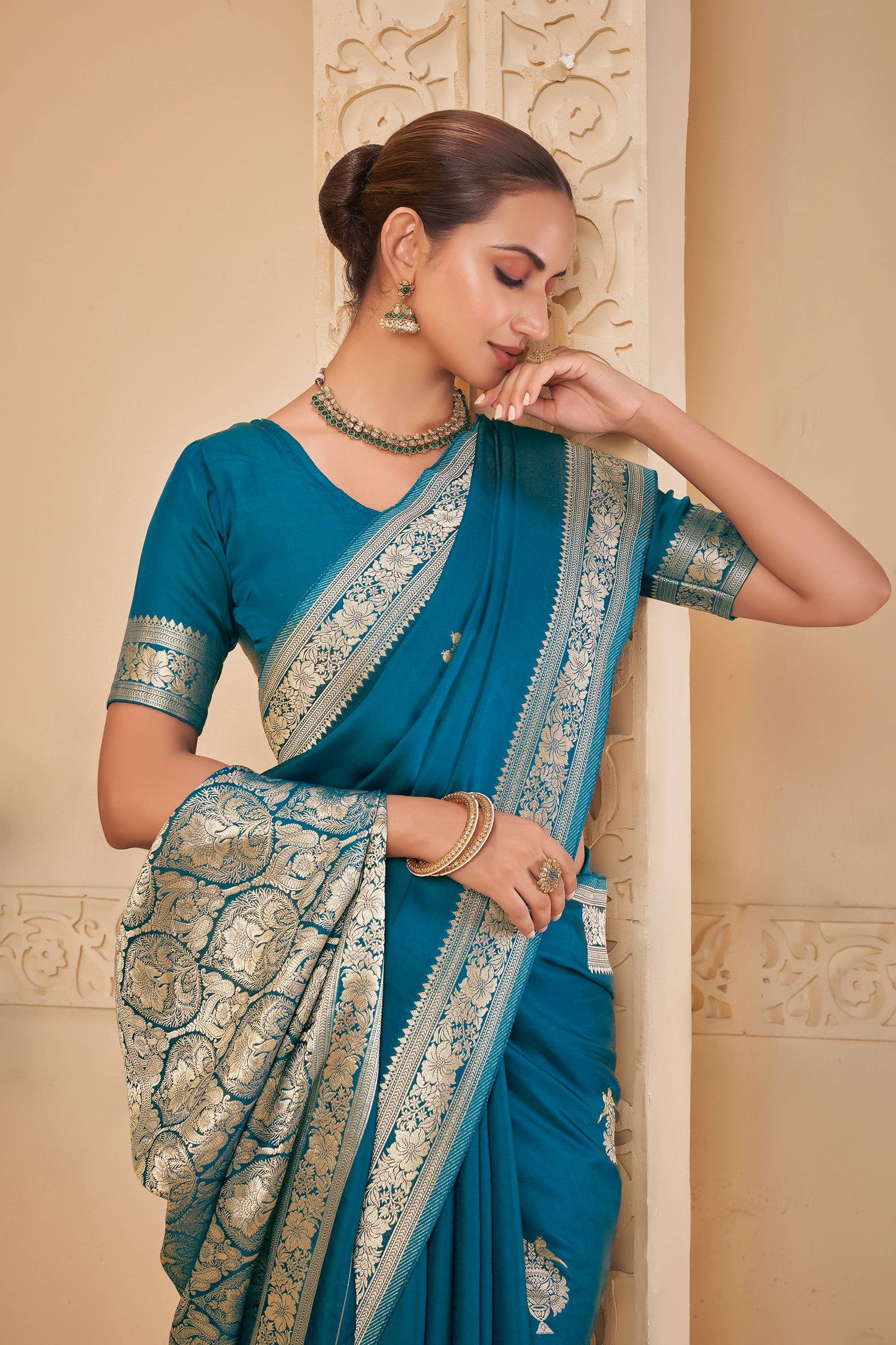 Teal Blue Mashru Silk Saree 6026