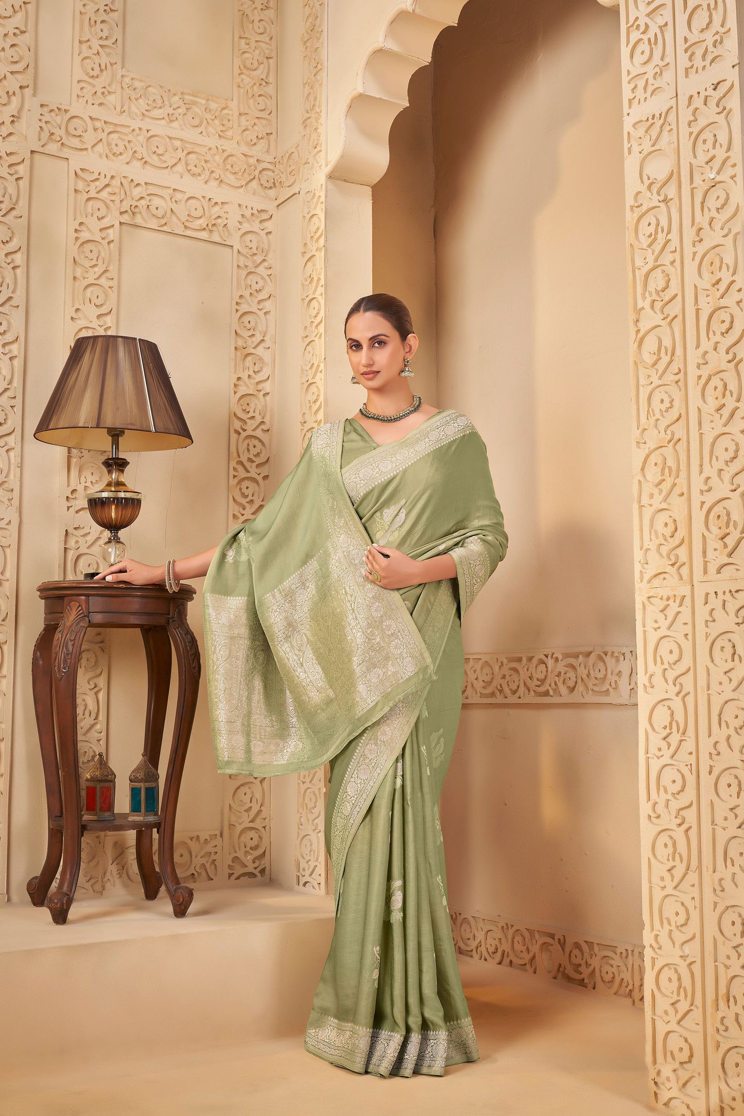 Olive green Mashru Silk Saree 6023