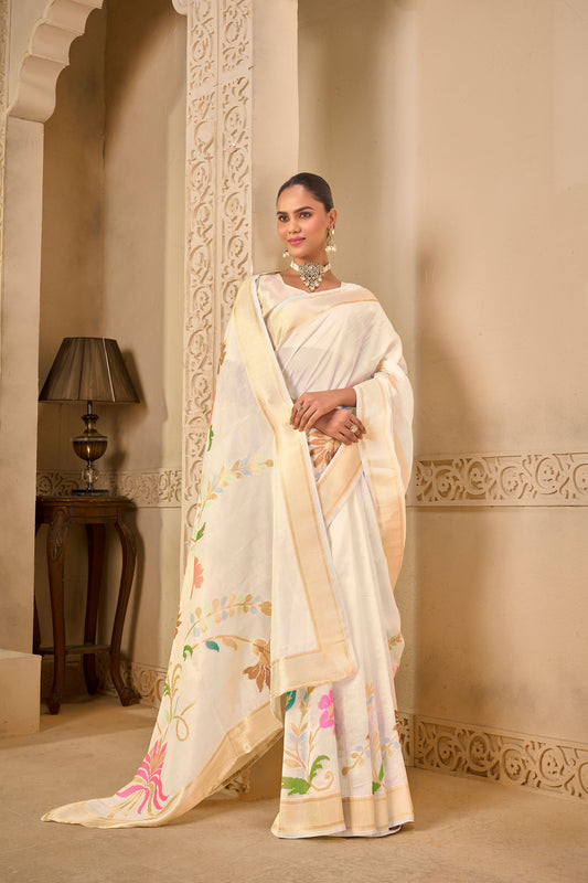 White Tussar Silk Saree 6028