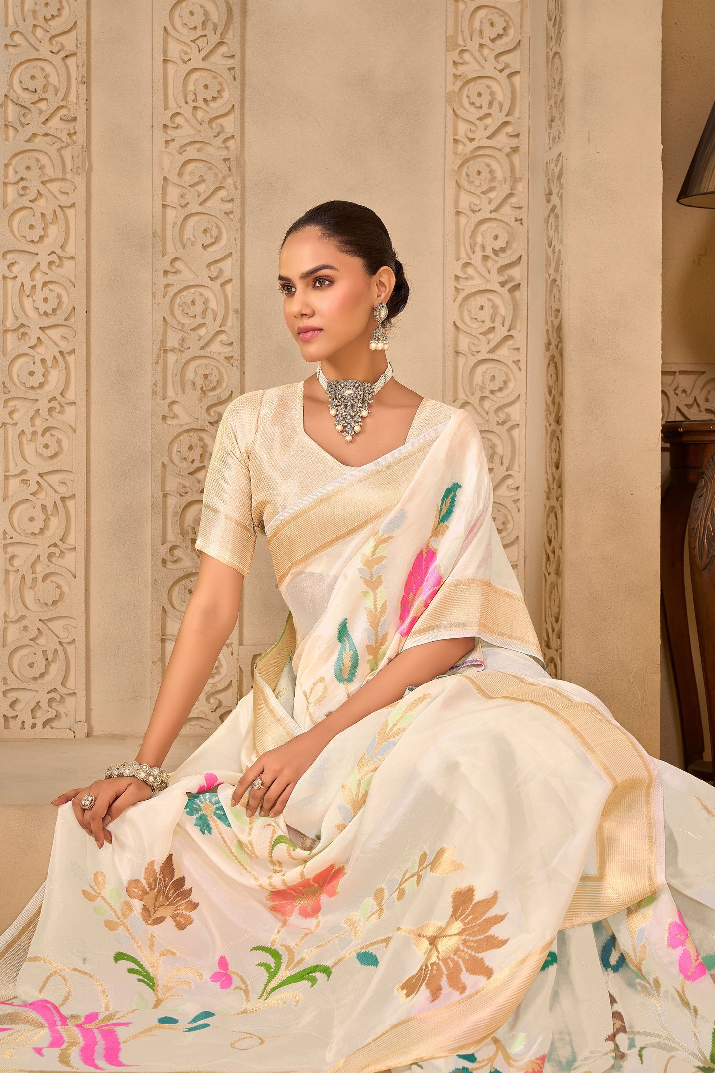 White Tussar Silk Saree 6028