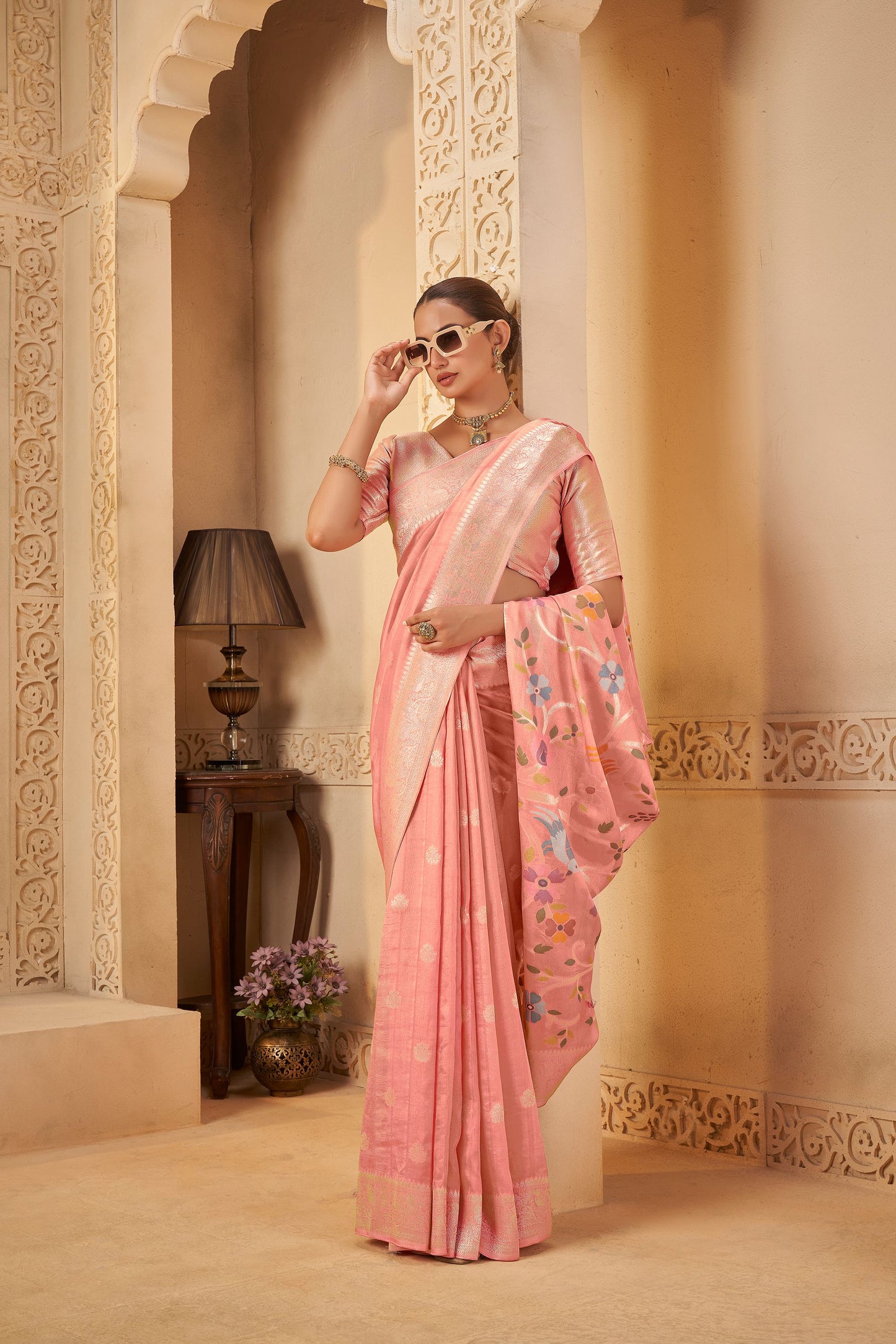 Pink peach Tussar Silk Saree 6086