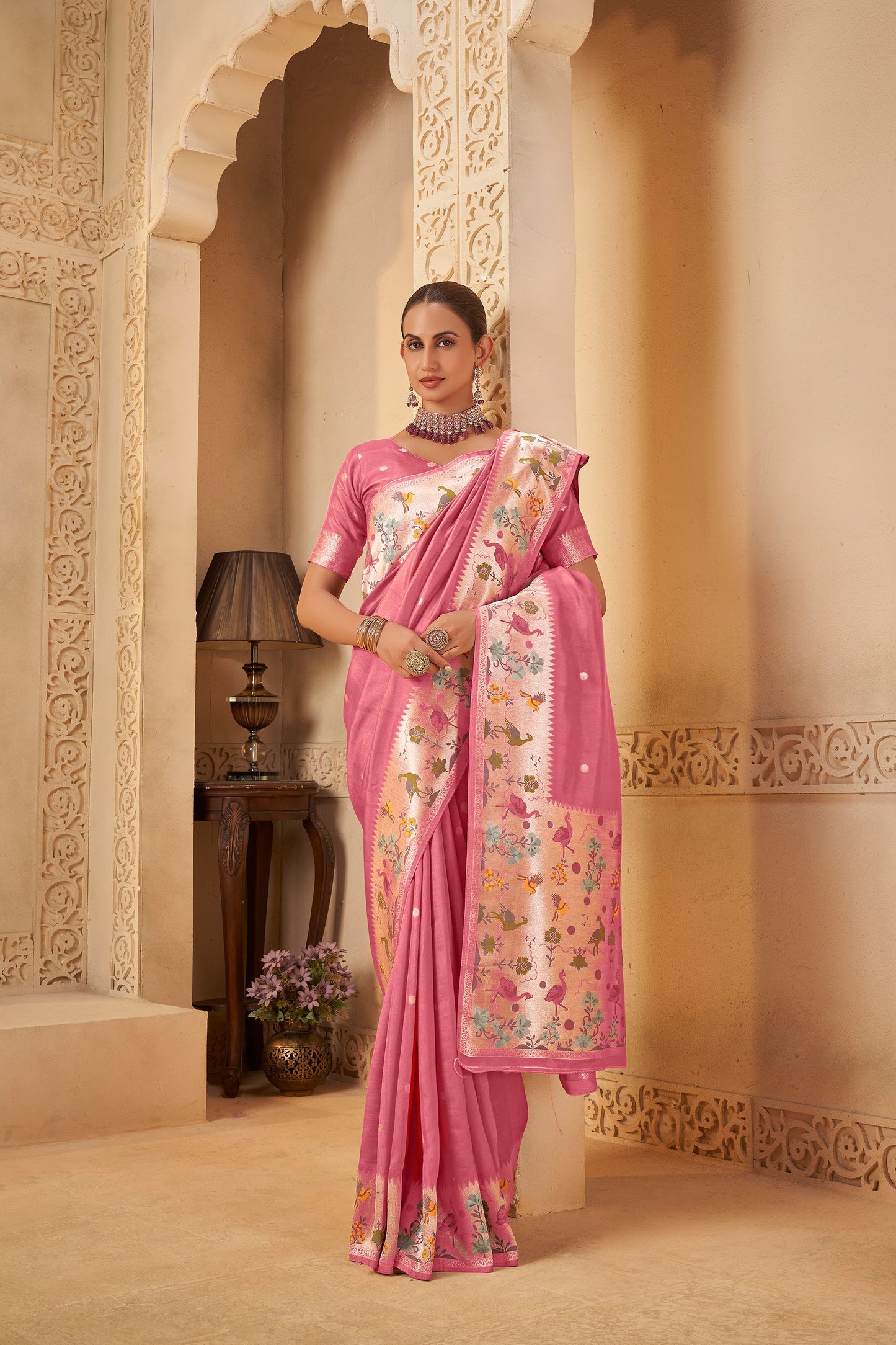 Pink Tussar Silk Saree 6040