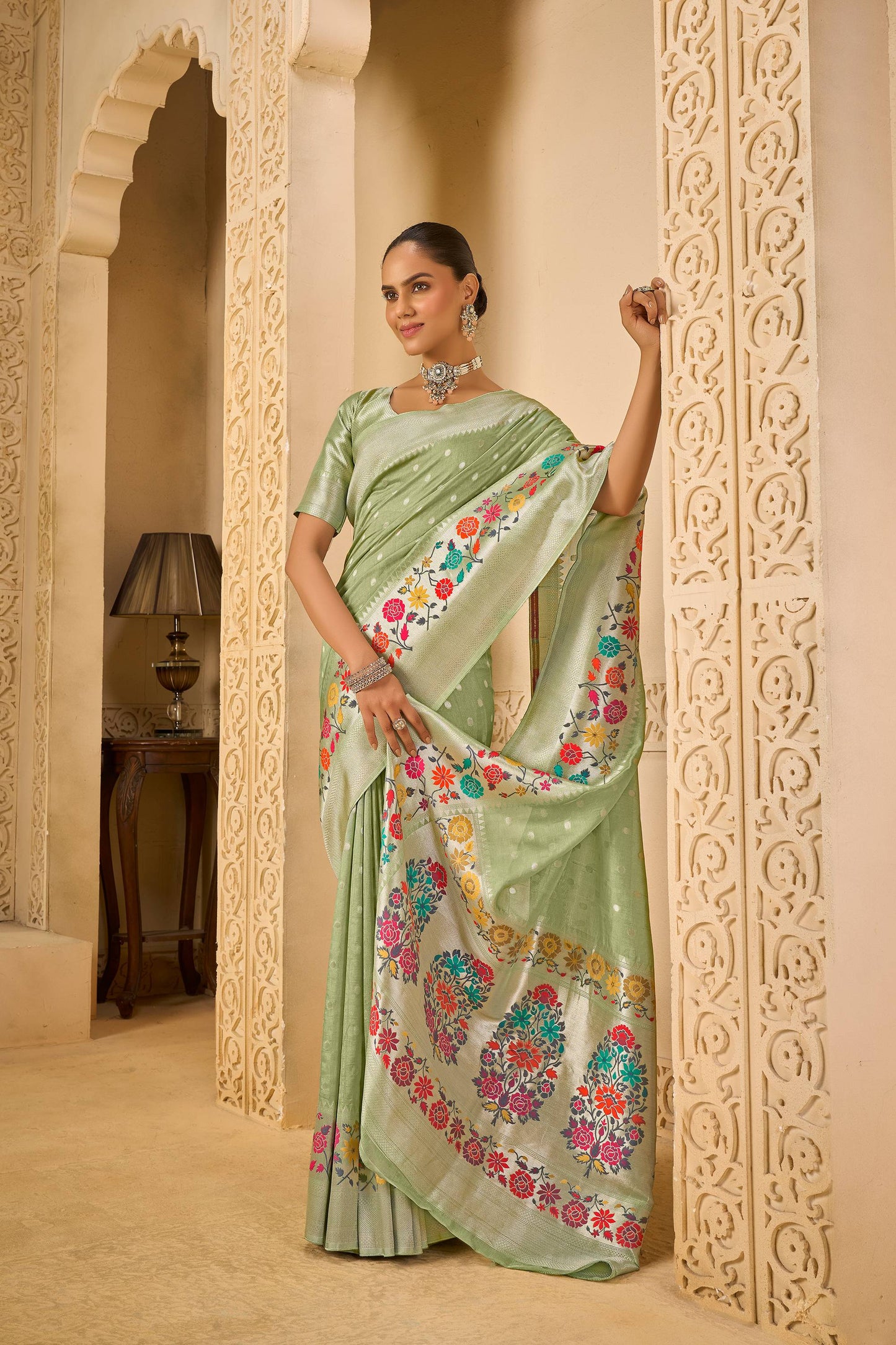 Green Tussar Silk Saree 6050